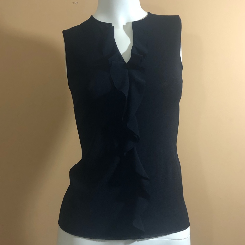 Vivienne Tam Black Sheer Stretch Nylon Sleeveless V-Neck Ruffled Top Size Small